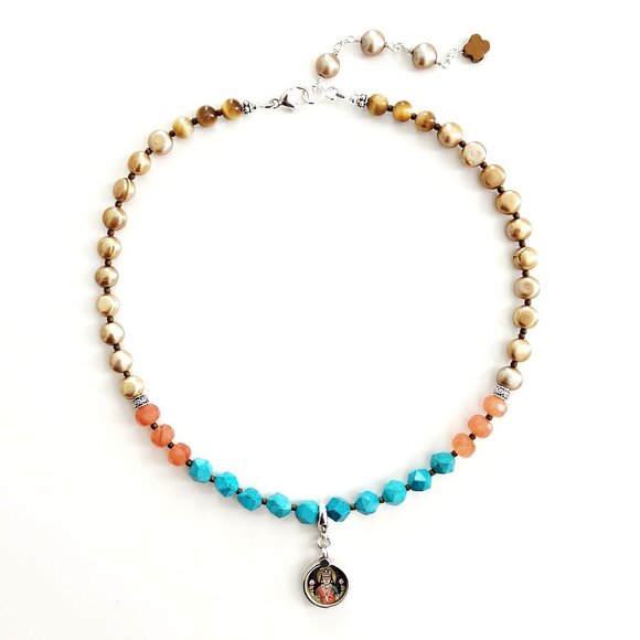 TURQUOISE MIXED SEMI-PRECIOUS GEMSTONE NECKLACE W/ MINI 925 GODDESS PENDANT - Picture 2 of 2